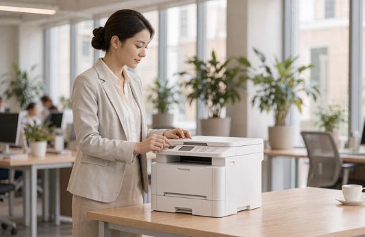 A professional woman in a beige suit operates a multifunction printer at a desk in a bright, modern office.
