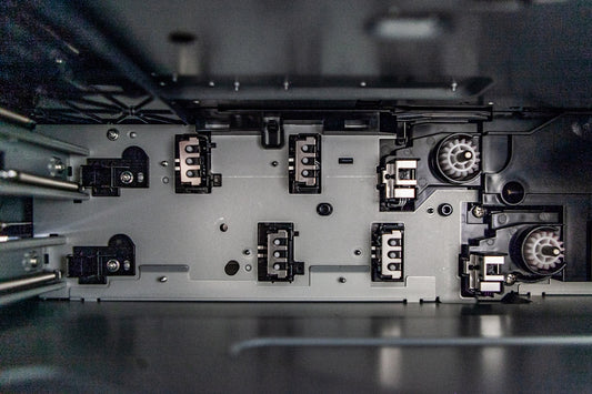 the inside of a server with many wires