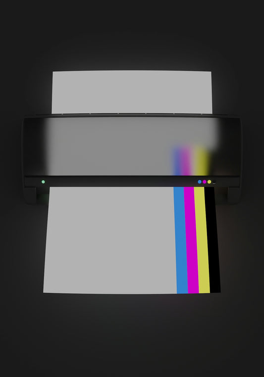 a printer with a multicolored strip of paper in front of it