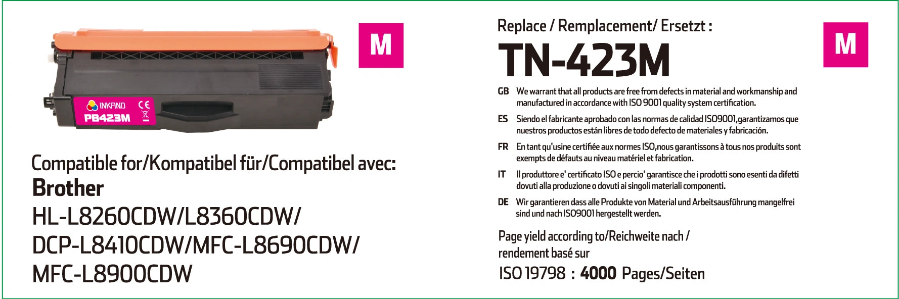 Brother TN-423M High Capacity Magenta Toner Cartridge Compatible